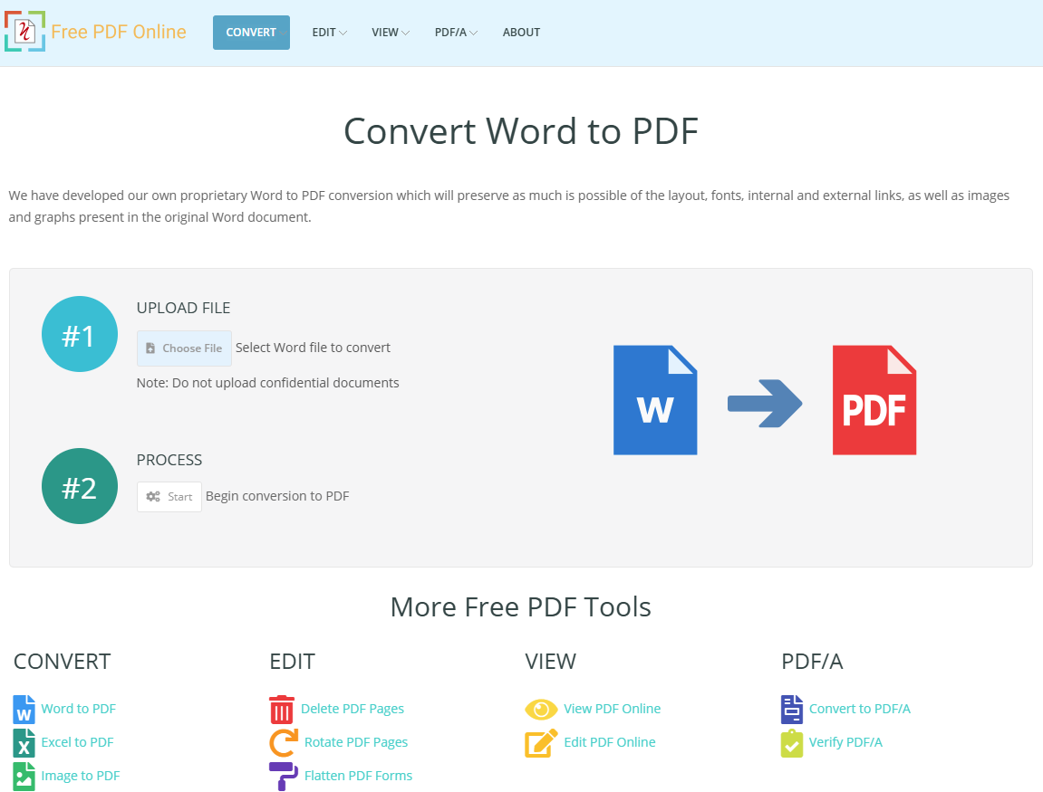 An individual tool page for converting a Word document to a PDF.