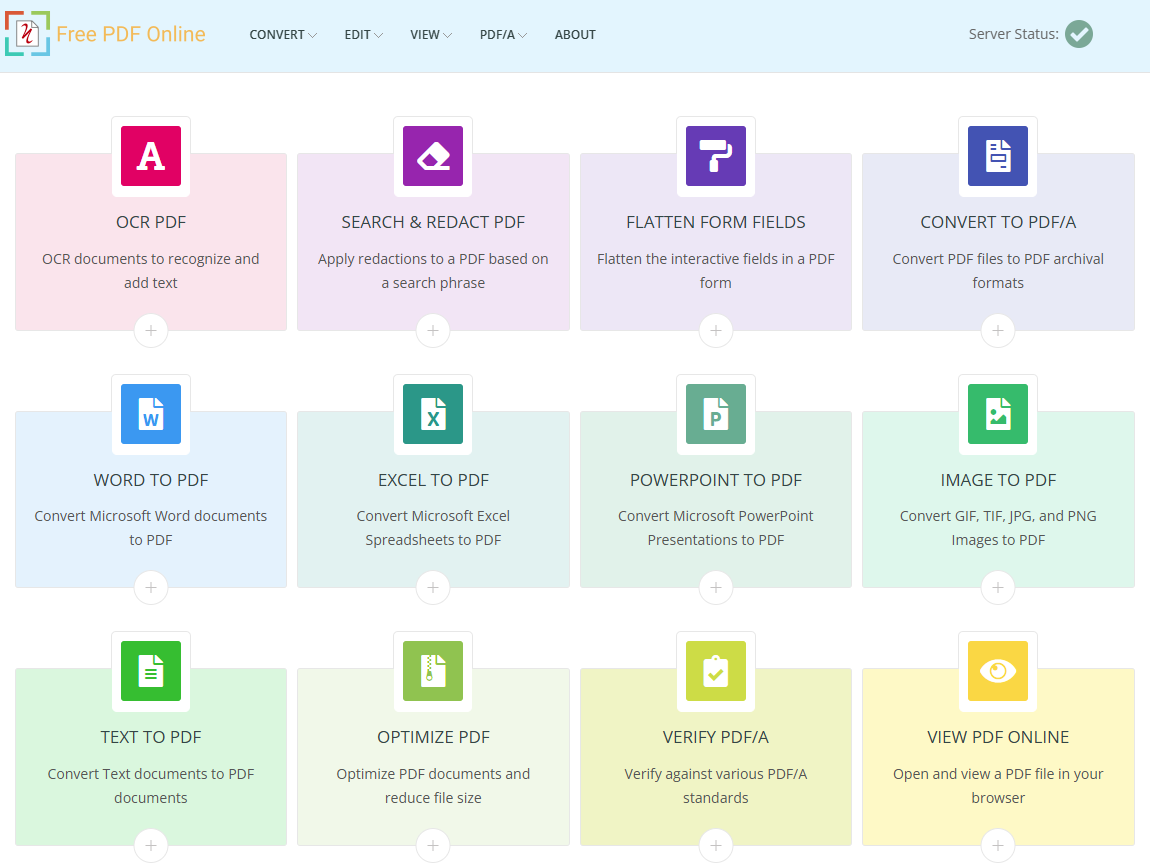 Homepage of the free PDF online tools website, showing a grid of available actions.